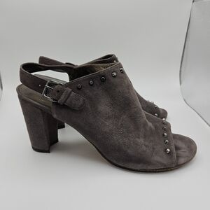 Stuart Weitzman Commodore taupe gray suede studded peeptoe slingbacks size 11.5